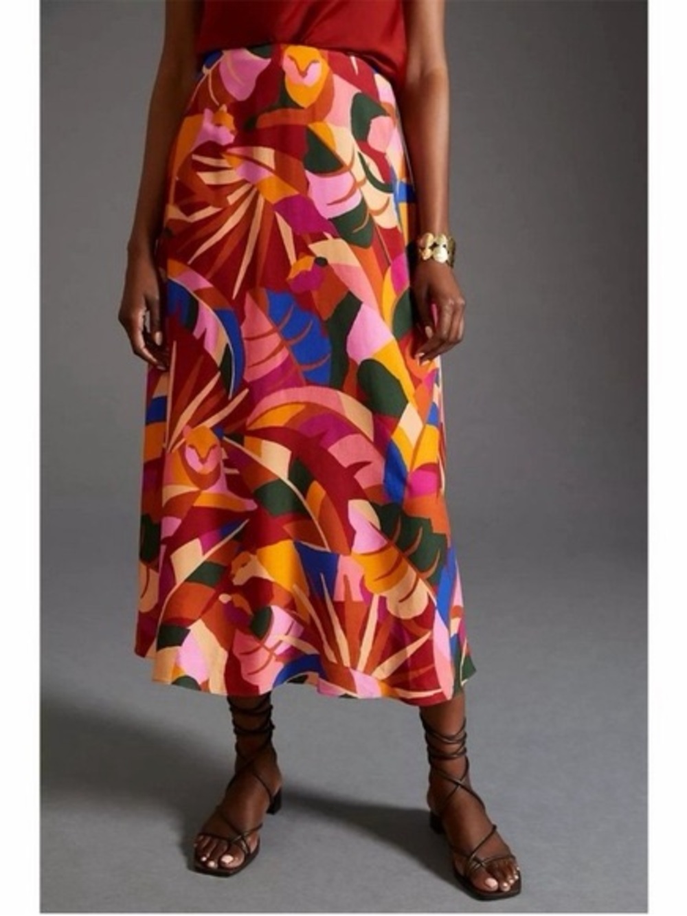 FARM Rio Vibrant Tropical Print A-Line Midi Skirt medium
